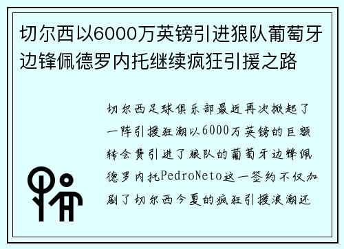 切尔西以6000万英镑引进狼队葡萄牙边锋佩德罗内托继续疯狂引援之路 切尔西以6000万英镑引进狼队葡萄牙边锋佩德罗内托继续疯狂引援之路