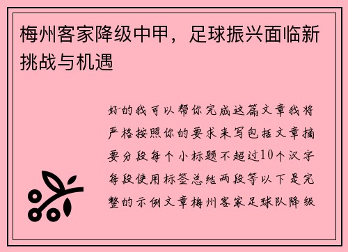 梅州客家降级中甲,足球振兴面临新挑战与机遇 梅州客家降级中甲,足球振兴面临新挑战与机遇