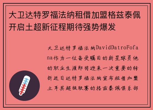 大卫达特罗福法纳租借加盟格兹泰佩开启土超新征程期待强势爆发